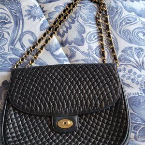 Vintage Bally Black Leather Quilted Shoulder Bag with Chain handles